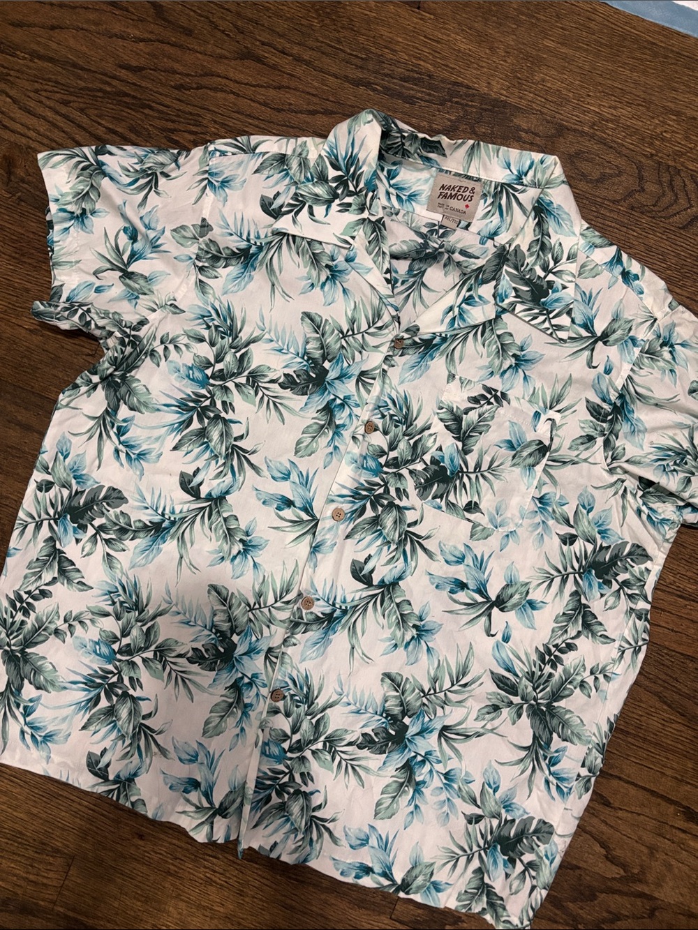 Naked & Famous Denim White Short Sleeve Shirt with Teal & Green Tropical Print